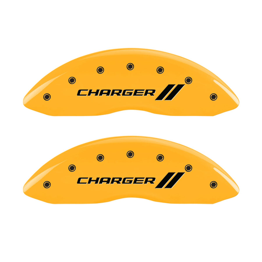 MGP 12088SCH1YL Caliper Covers Yellow (Set of 4, Engraved Front and Rear: With stripes/Charger, Yellow powder coat finish, black characters)