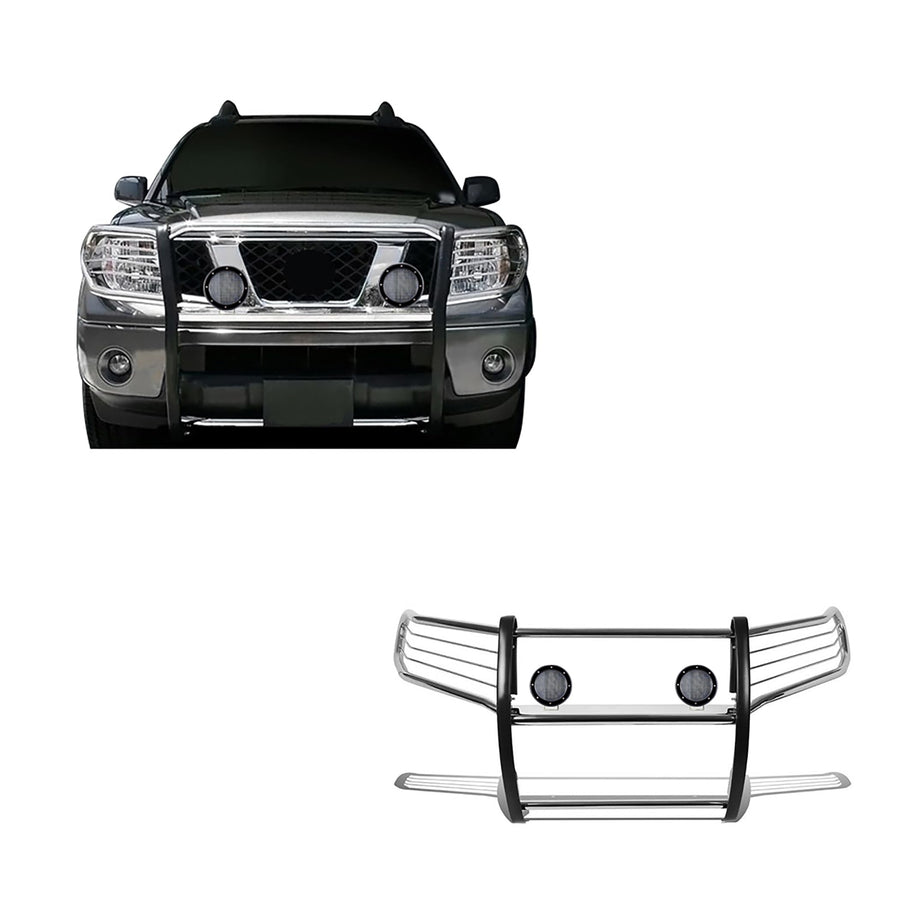Bumper Guard Black Horse Grille Brush Modular Stainless Steel Come with Pair of 5.3" Dia.LED Lights with Black Trim Rings Compatible with 2005-2021 Frontier|2005-2007 Pathfinder-17A110200MSS-PLFB