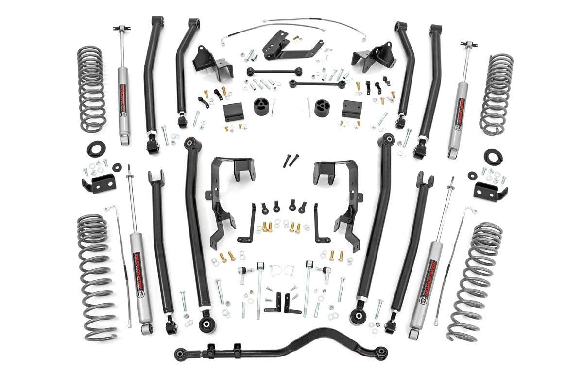 4" Rough Country Long Arm Suspension Lift Kit for Jeep Wrangler JK Unlimited 4-Door 3.8L (2007-2011) - w/N3 Shocks, Adjustable Control Arms