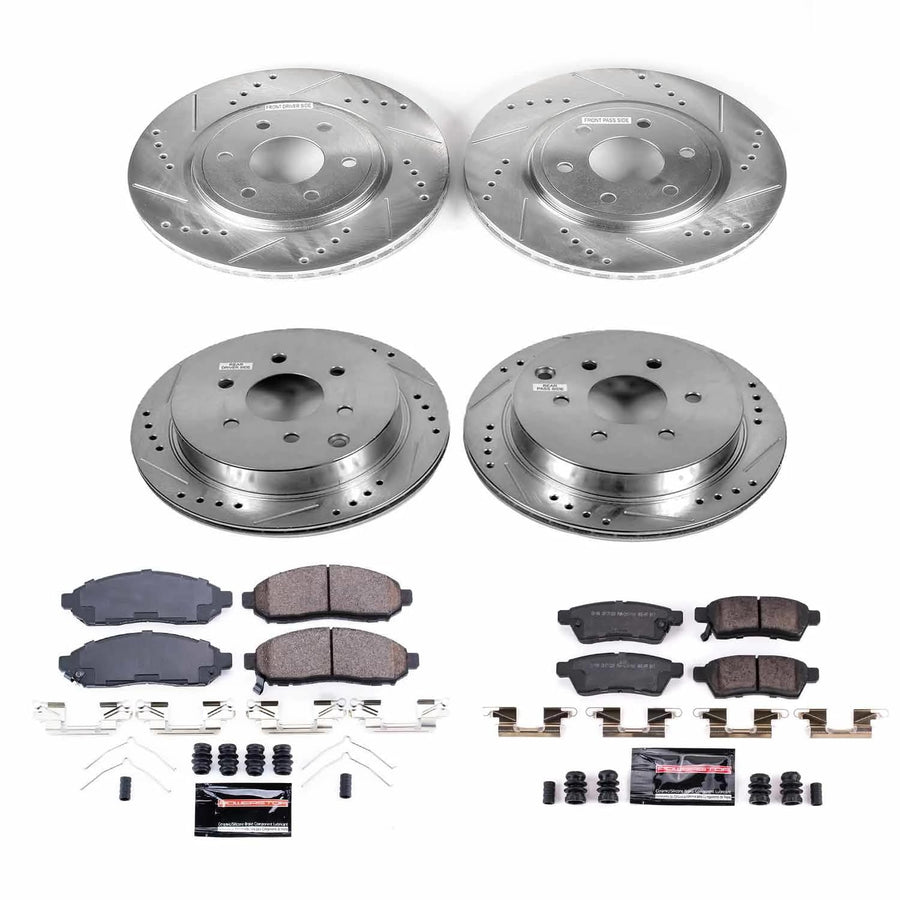 Power Stop K8358 Z23 Carbon Fiber Brake Pads Front and Rear with Drilled & Slotted Brake Rotors Kit For Nissan Frontier 2016-2022 [Model Specific]