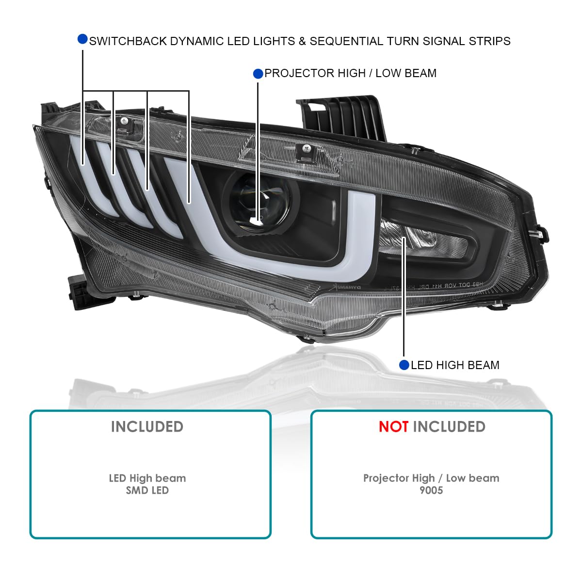 Black LED Tube Projector Headlights w/Switchback Sequential Signal SPEC-D TUNING Compatible with 2016-2021 Honda Civic Models with Factory Halogen Headlights Left + Right