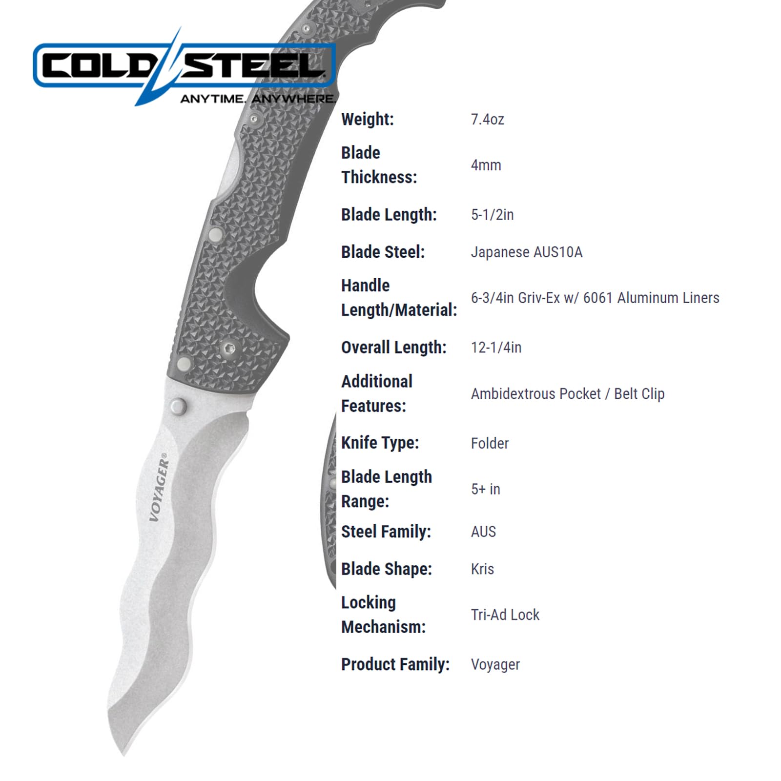 Cold Steel Voyager XL 5.5" AUS10A Razor-Sharp Kris Blade 6.75" Griv-Ex Handle Everyday Carry Tactical Folding Knife with Tri-Ad Lock
