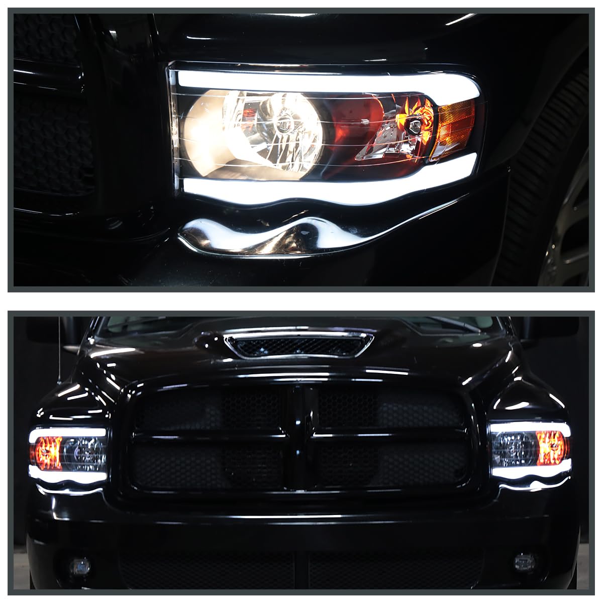 Black LED Tube Headlights SPEC-D TUNING Compatible with 2002-2005 Dodge Ram 1500, 2003-2005 Ram 2500/3500, Left + Right Pair Headlamps Assembly