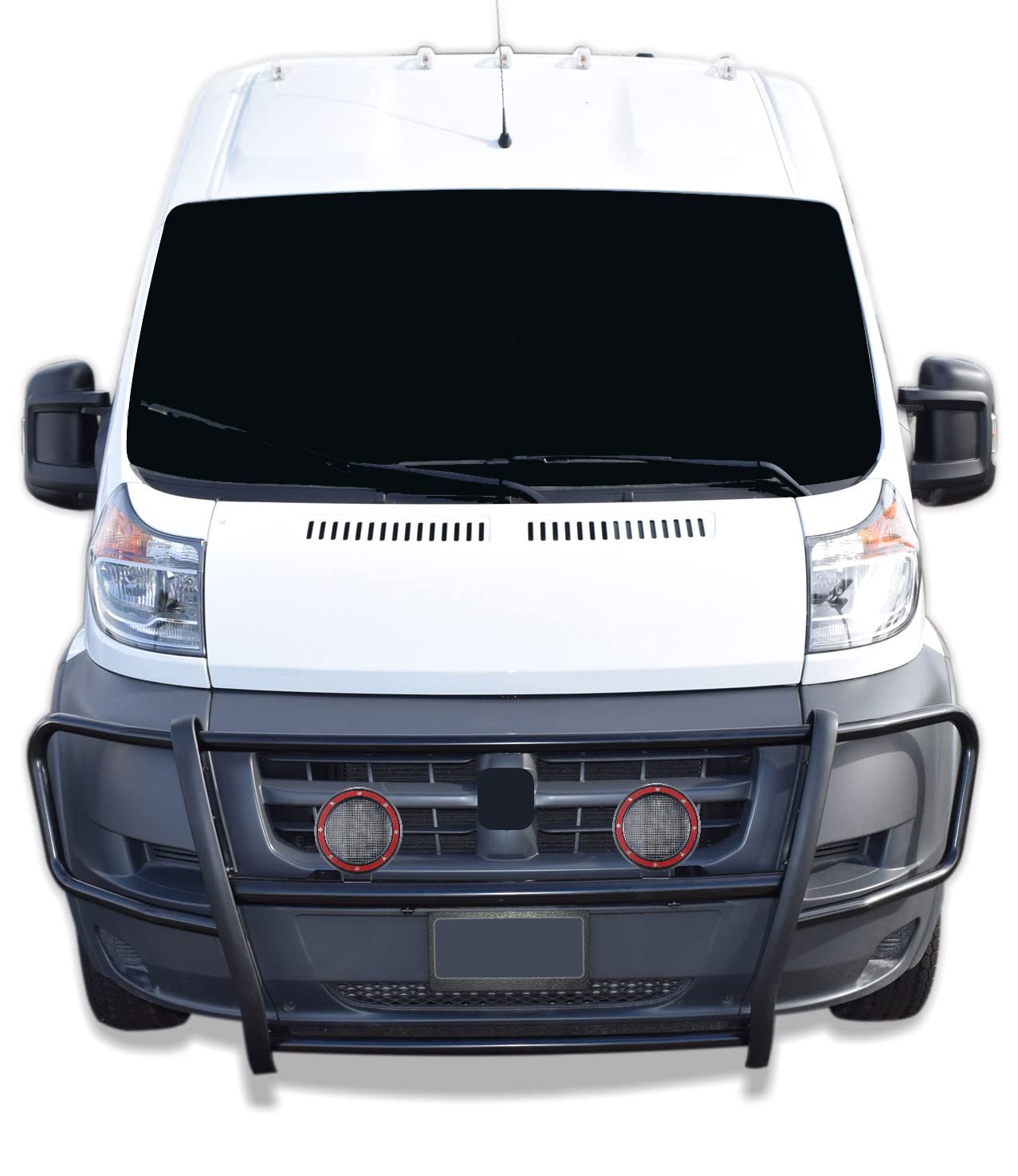 SPARTAN Black Horse Grille brush Bumper Guard Modular Black Come With Pair of 5.3"LED Light with Red Trim Rings Compatible with 2014-2022 Ram Promaster 1500/Promaster 2500/Promaster 3500-17DOPRMA-PLFR