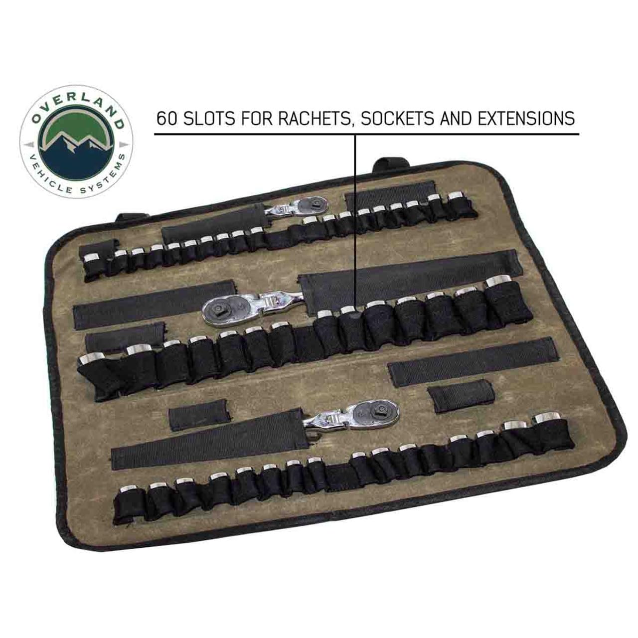 Rolled Socket Organizer Overland Vehicle Systems Storage Bag - #16 Premium Waxed Canvas - Storage for 50 sockets and 10 extra storage pockets for Ratchets