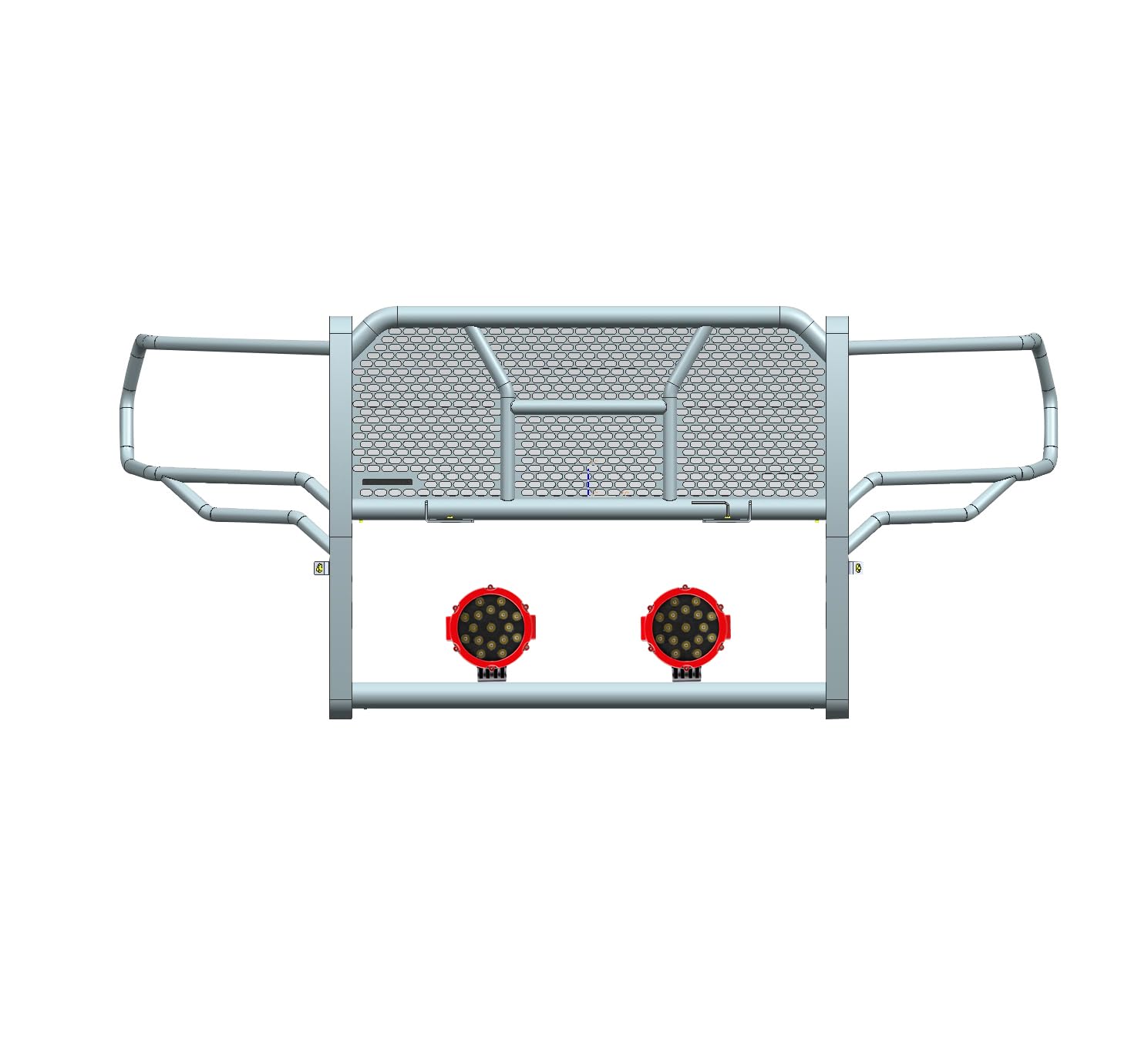 Heavy Duty Black Horse Rugged Grille Brush Bumper Guard Modular Come with Pair of 7.0" Dia.LED Lights with Red Trim Rings Compatible with 2019-2024 Ram 2500|2019-2024 Ram 3500-RU-DORA20-B-PLR