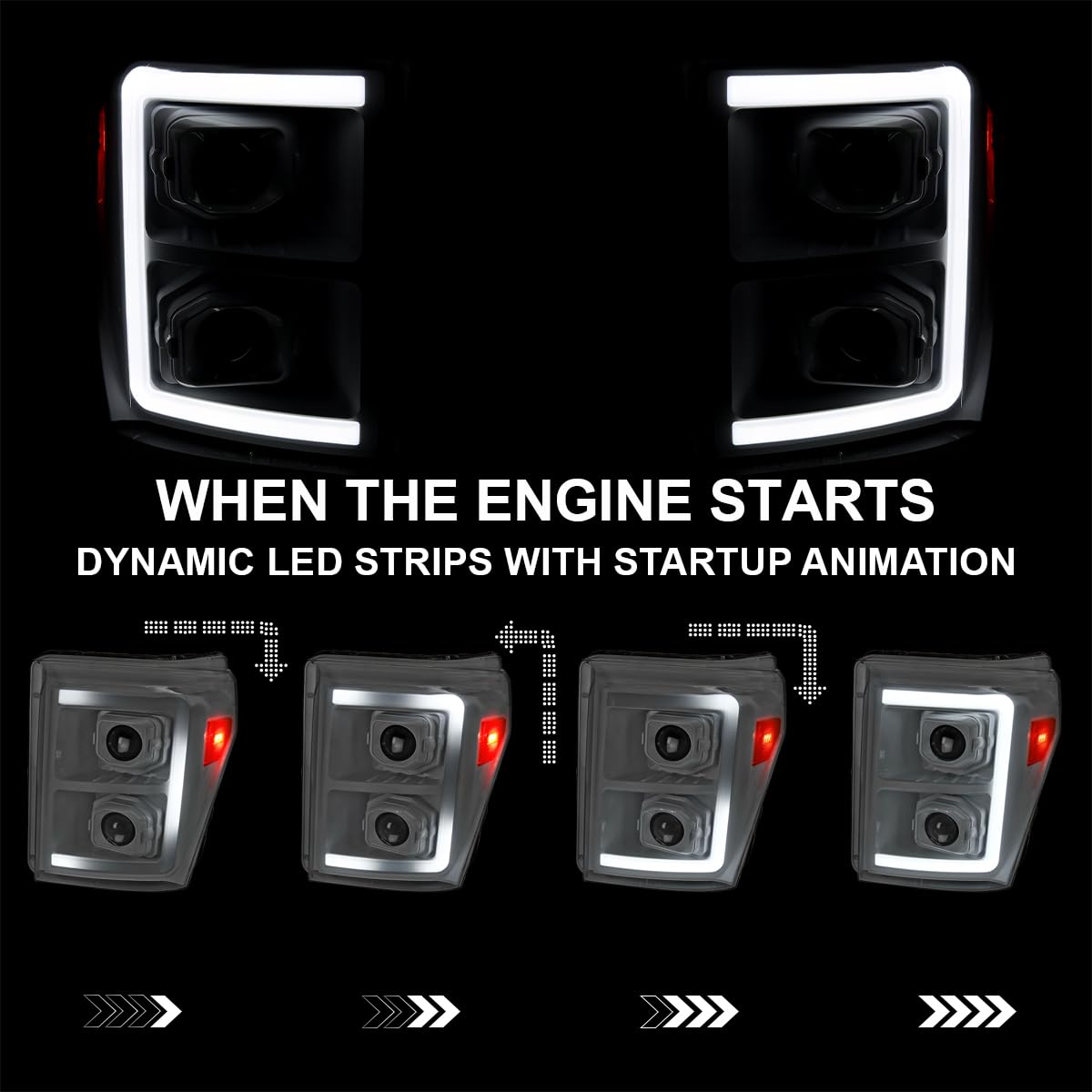 Special Edition SPEC-D TUNING Arctic White Projector Headlights w/Switchback Sequential LED Bar and Startup Animation Compatible with 2011-2016 Ford F250 F350 F450 F550 Super Duty, Left + Right Pair