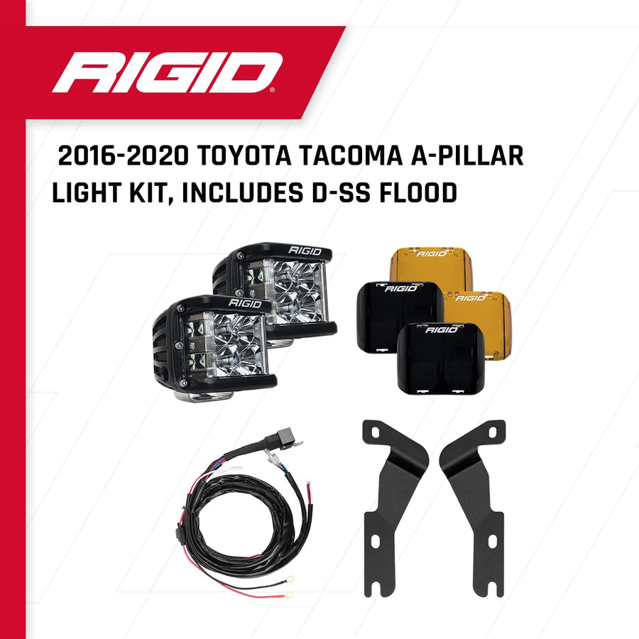 A-Pillar Light Kit RIGID INDUSTRIES, 2016-2020 Toyota Tacoma, D-SS Flood Lights (2 A-Pillar Mounting Brackets, 2 D-SS Pro Series Flood Lights, 2 Black & 2 Amber Light Covers, 1 Wiring Harness)