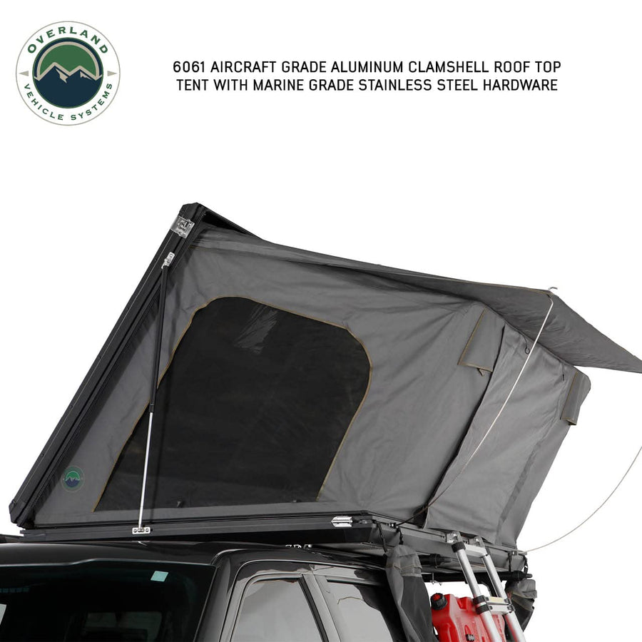 Overland Vehicle Systems Sidewinder HD Side Load Aluminum Hard Shell Roof Top Tent, Grey Body & Green Trim - Premium 280G Rip Stop Waterproof Tent Body - 2 to 3 Person Roof Top Tent