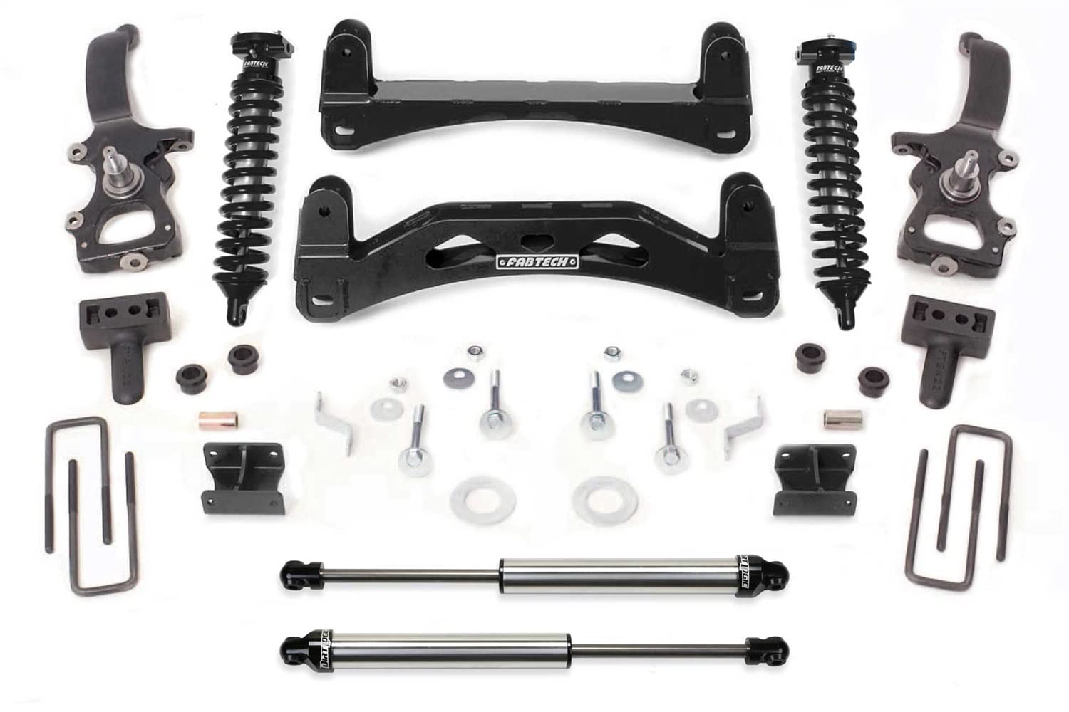 Fabtech Performance K2001DL Crossmember System w/DLSS Shocks 6 in. Lift Front Coilovers Crossmembers Spindles Bump Stops U-Bolts Rear Shocks All Required Hardware Crossmember System
