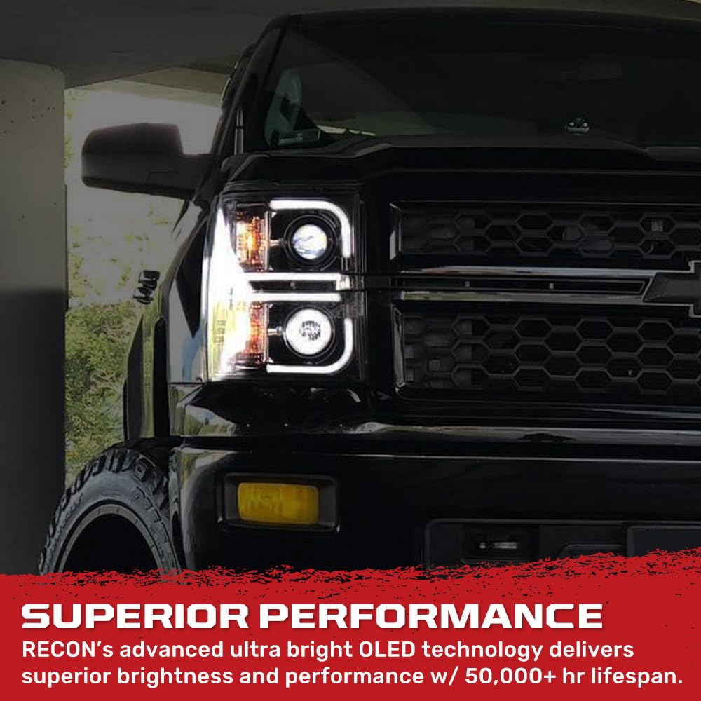 RECON - Premium Projector Headlights Fits Chevy 15-19 Silverado 2500, 3500 Ultra High Power Smooth OLED Halos, DRL - Smoked & Clear Lens