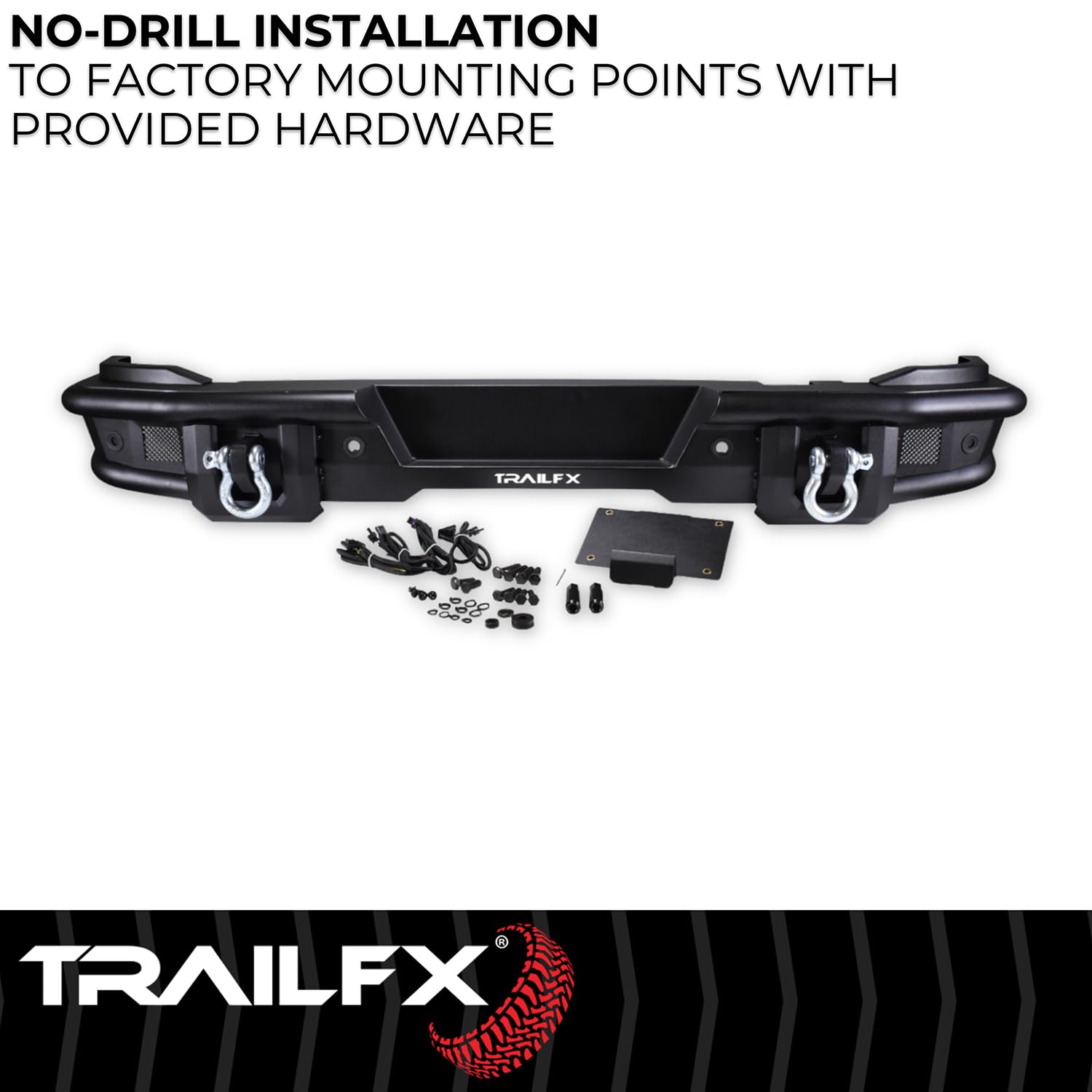 Rear Bumper TrailFX for Ford Bronco 2021-2025 Matte Black Powder Coated Steel Full Width D-Rings License Plate Bracket LED Cube Light Mounts TrailFX BR004T