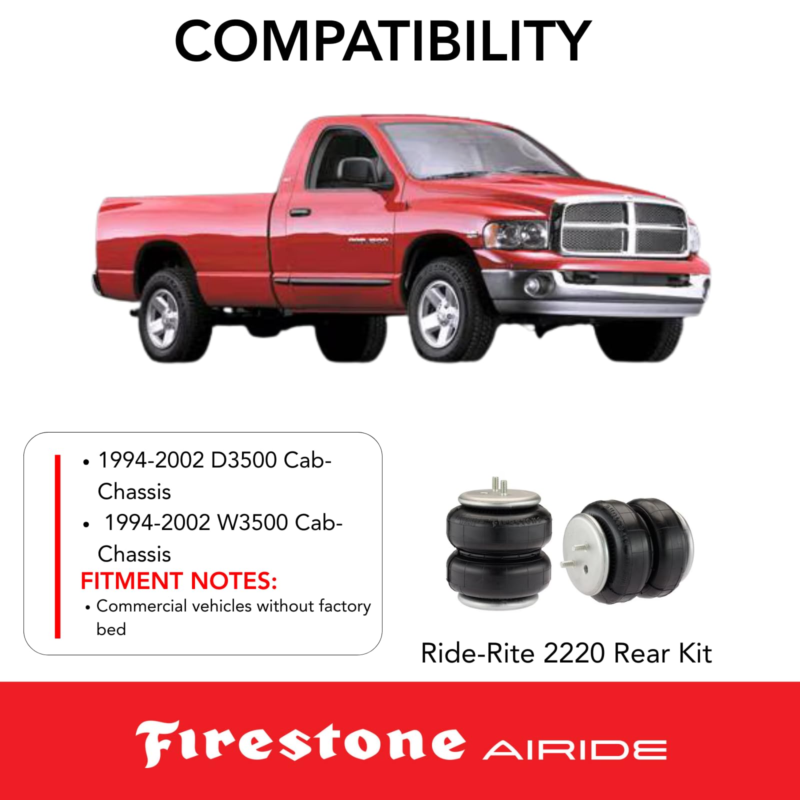 Firestone Ride-Rite Airide 2220 Rear Air Spring Kit fits 1994-2002 D/W 3500 Cab & Chassis w/o Factory Bed | Load Leveling Design | 5-100 PSI | Easy Installation