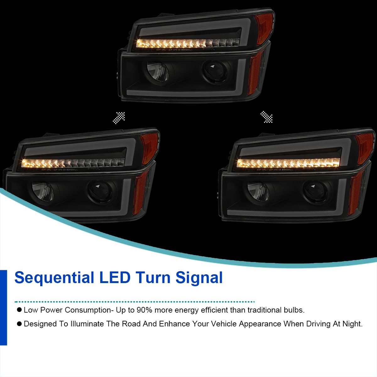 Black Smoke SPEC-D TUNING Projector Headlights with Sequential LED Turn Signal Light Compatible with 2004-2012 Chevy Colorado, Left + Right Pair Headlamps Assembly