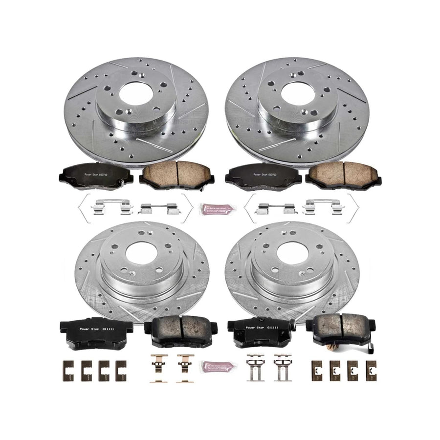 Power Stop K2745 Z23 Carbon Fiber Brake Pads Front and Rear with Drilled & Slotted Brake Rotors Kit For Honda Accord 2005 [Model Specific]