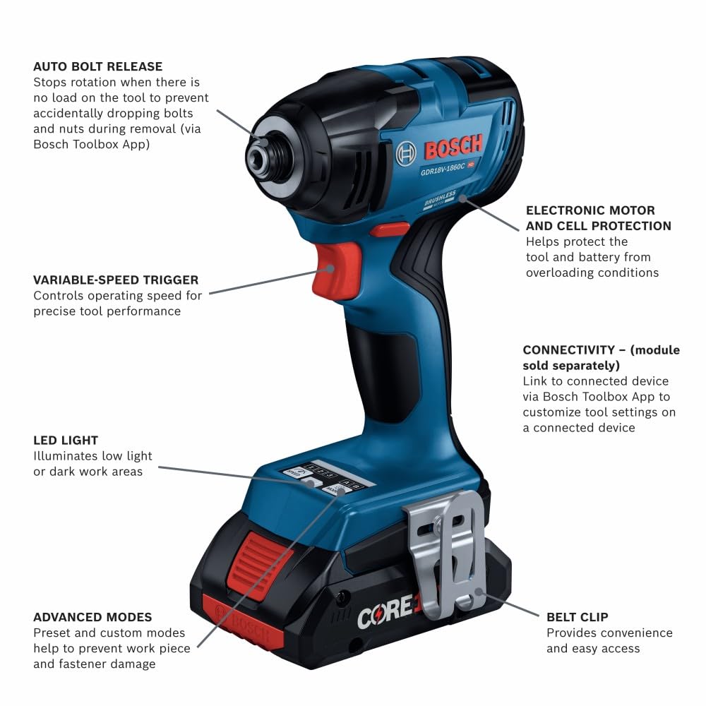 Bosch 18V GDR18V-1860CB25 Connected-Ready 1/4 In. Hex Impact Driver Kit with (2) CORE18V® 4 Ah Advanced Power Batteries and (1) Connectivity Module