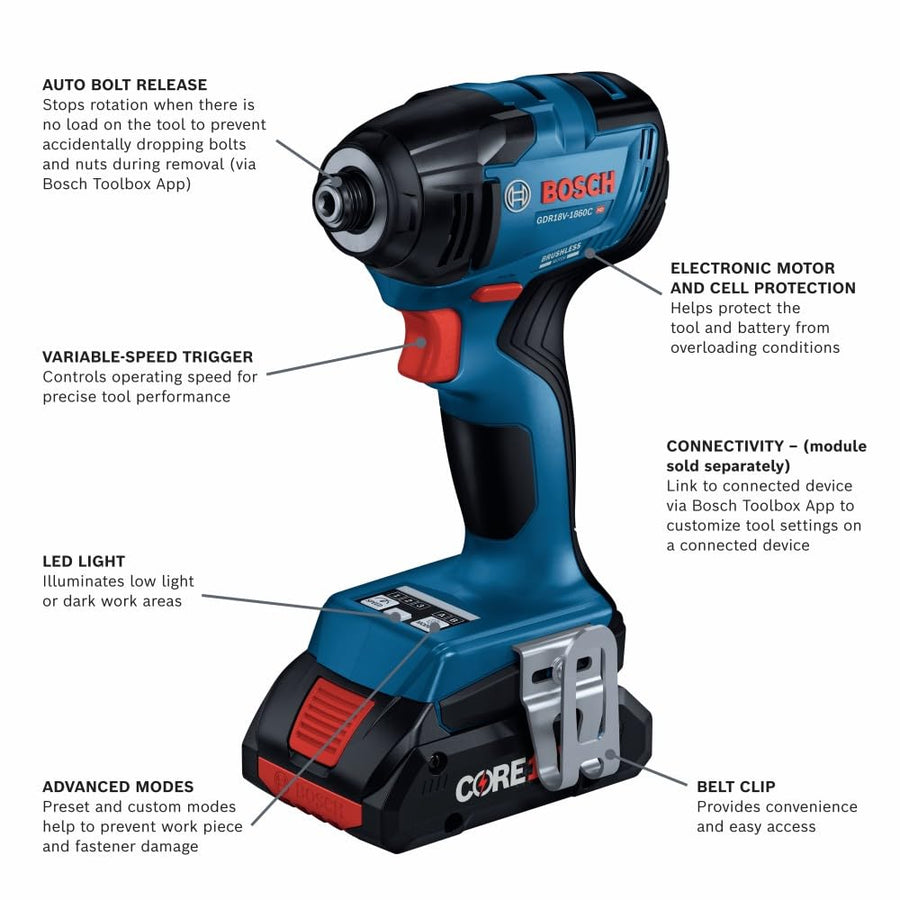 Bosch 18V GDR18V-1860CB25 Connected-Ready 1/4 In. Hex Impact Driver Kit with (2) CORE18V® 4 Ah Advanced Power Batteries and (1) Connectivity Module