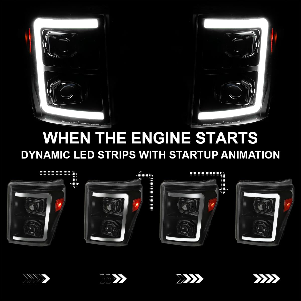 Black SPEC-D TUNING Projector Headlights w/Switchback Sequential LED Bar and Startup Animation Compatible with 2011-2016 Ford F250, F350, F450, F550 Super Duty, Left + Right Pair Headlamps Assembly
