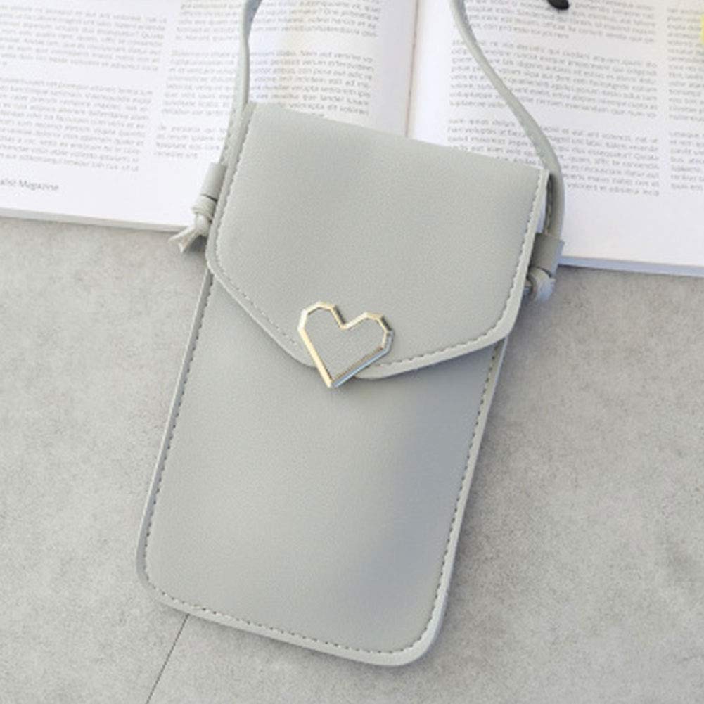 Kathleen0 Handbag Women PU Leather Daily Small rossbody Mobile Phone Gift Touch Screen Outdoor Heart-Shaped Decorative onvenient Transparent(Light Grey)