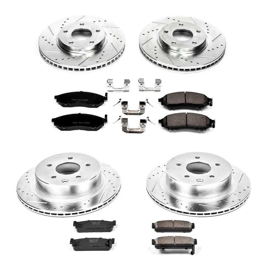 Power Stop K4313 Z23 Carbon Fiber Brake Pads Front and Rear with Drilled & Slotted Brake Rotors Kit For INFINITI M45 2003-2004, INFINITI Q45 2002-2006 [Model Specific]