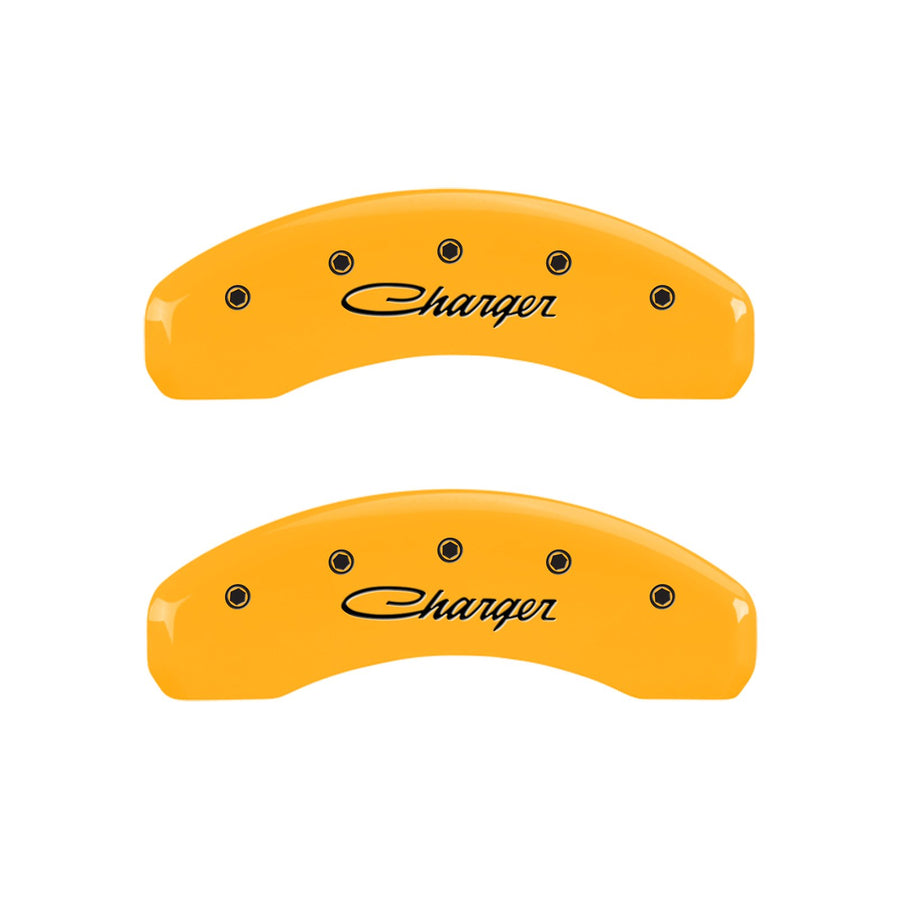 Caliper Covers MGP 12088SCHSYL Yellow (Set of 4, Engraved Front and Rear: Cursive/Charger, Yellow powder coat finish, black characters)