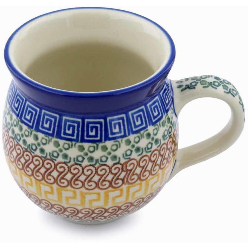 Polmedia Polish Pottery 12 oz Bubble Mug - Grecian Sea Pattern Handmade in Boleslawiec Poland by Ceramika Artystyczna + Certificate of Authenticity