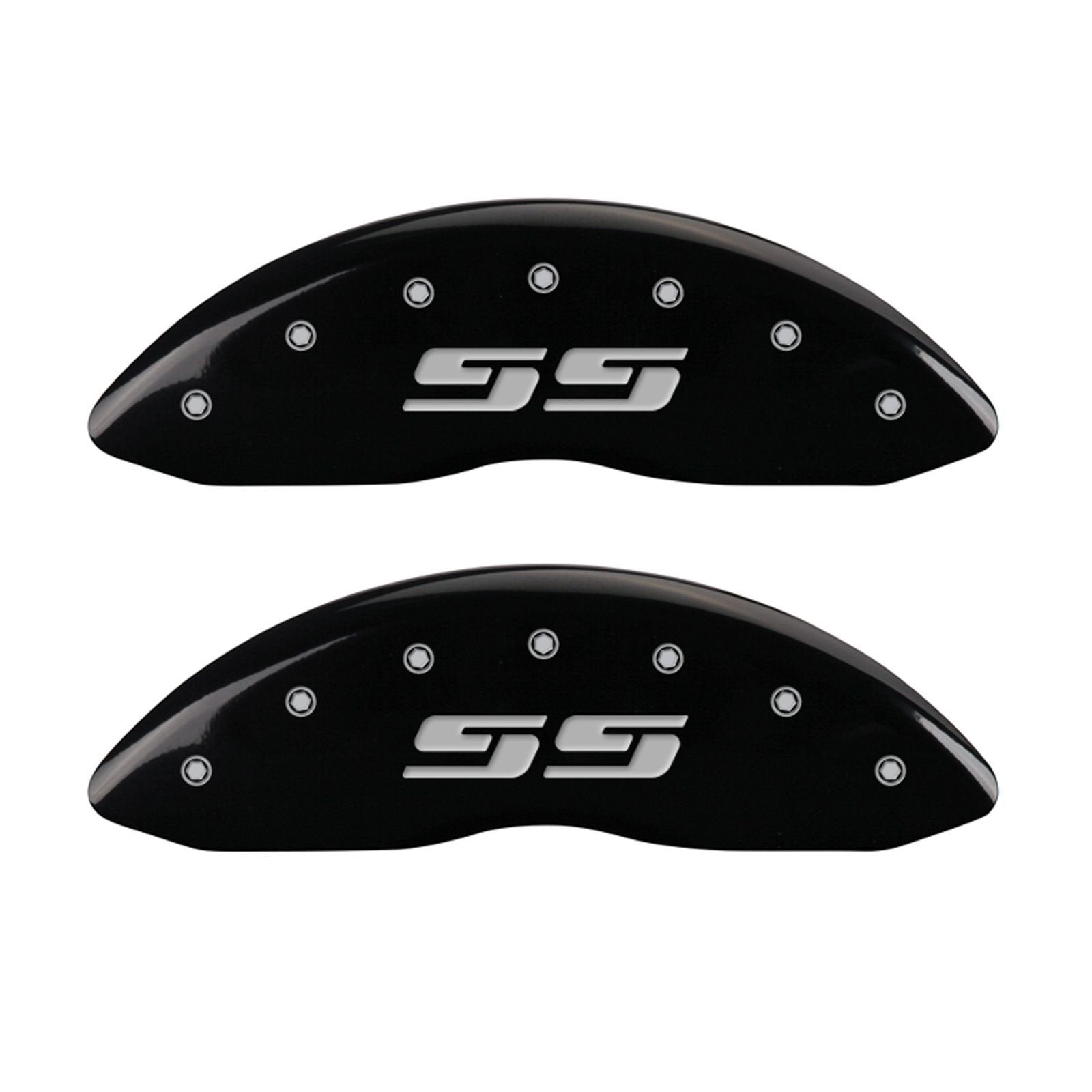 MGP Caliper Covers Front and Rear 14004SSS3BK Black Powder Coat Finish, Set of 4 (Silverado style/SS Silver Characters, Engraved)