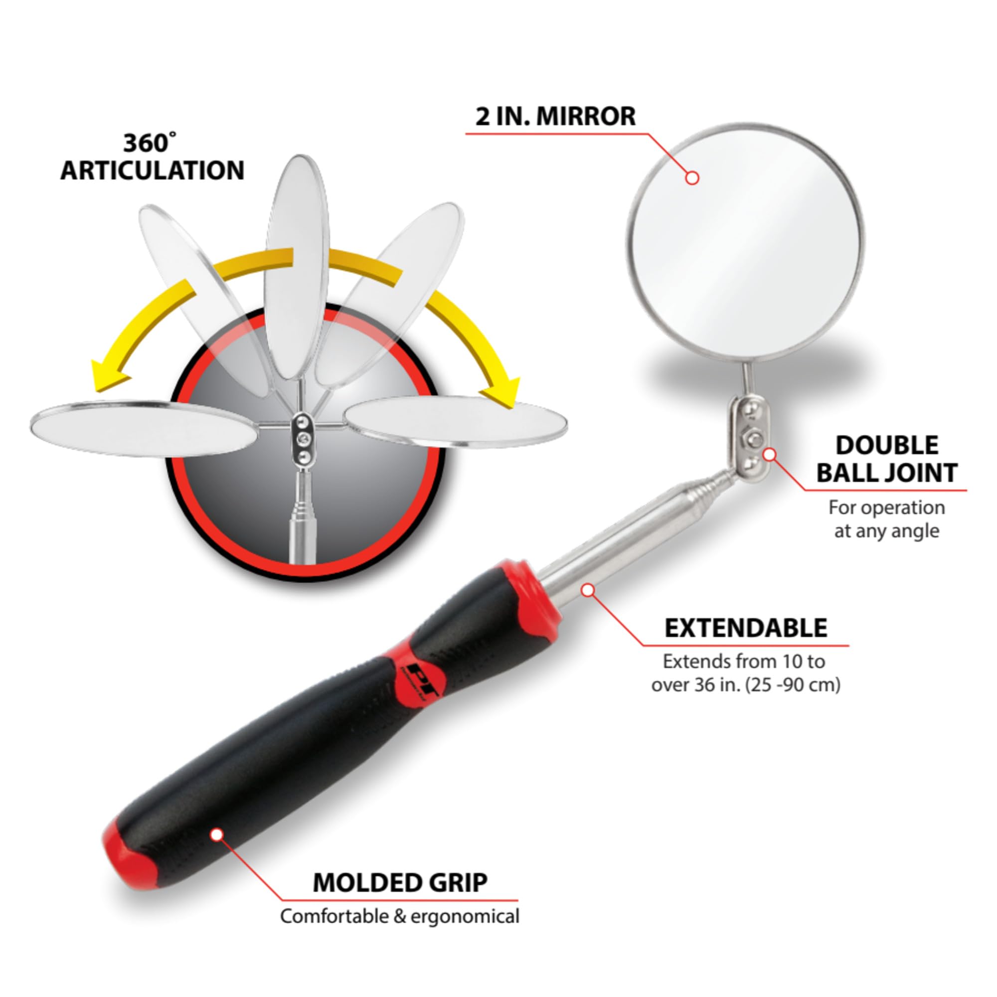 2-Inch Jr. Jumbo Telescoping Inspection Mirror Performance Tool - Versatile and Extendable Tool for Precision Inspection and Maintenance Tasks