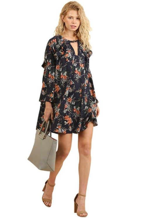 Boho USA Umgee Floral Print Hippie Dress Tunic with Keyhole Neckline and Bell Sleeves (Small, NAVY MIX G1210)