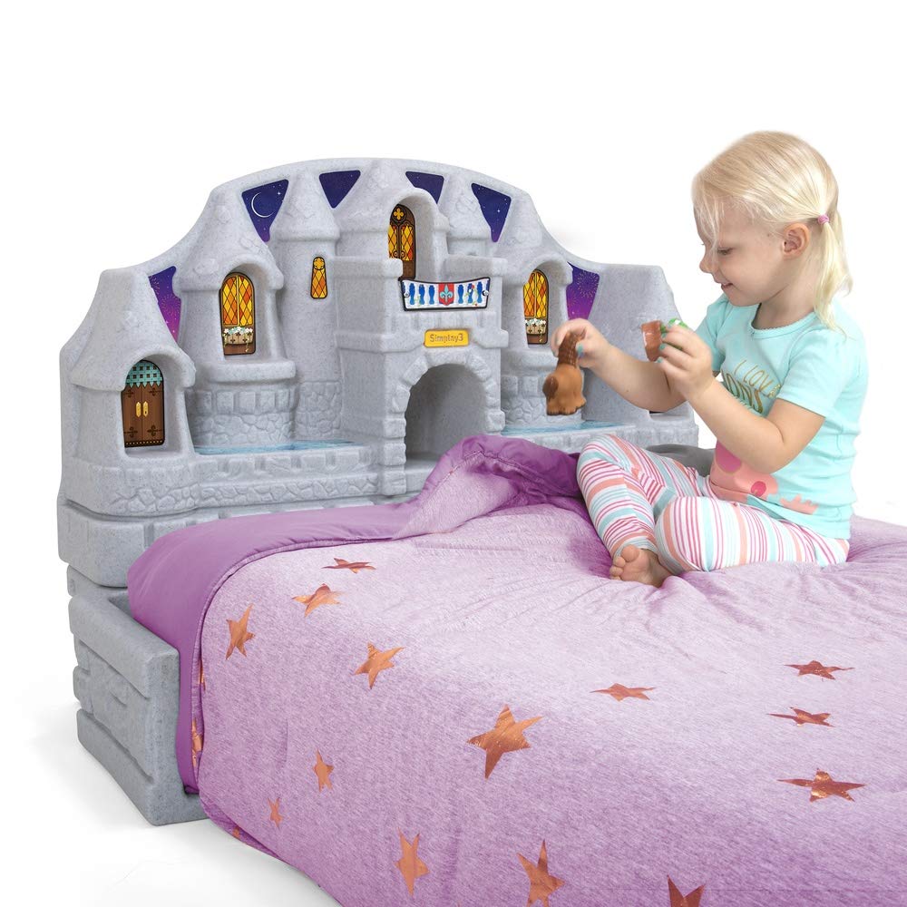 Twin Size Simplay3 Imagination Castle Headboard, Plastic Castle Bed headboard for Toddlers, Kids and Girls with Princess Toy Play Storage Area, Gray & Pink, Made in USA
