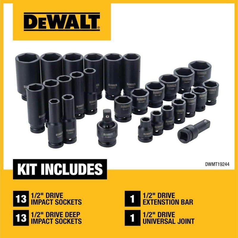 DEWALT Combination Socket Set, SAE, Impact Set, 1/2-Inch Drive, 28-Piece (DWMT19244)