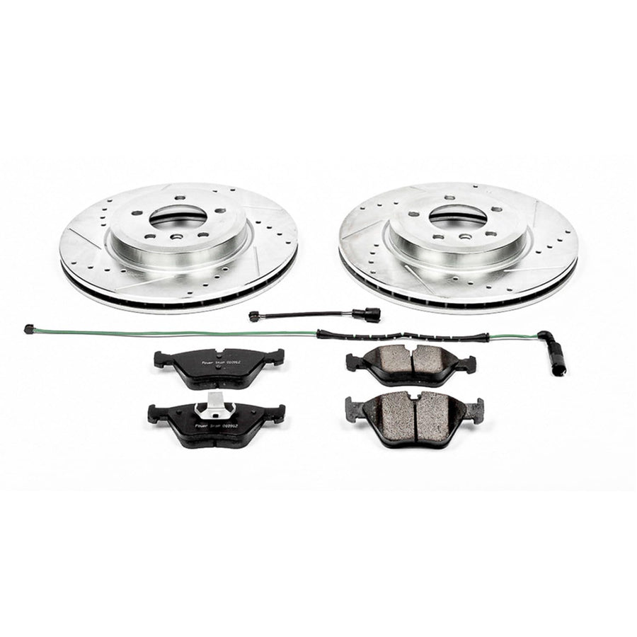 Z23 Power Stop K933 Front Brake Pads with Drilled & Slotted Brake Rotors Kit and 1 Front Sensor Wire
