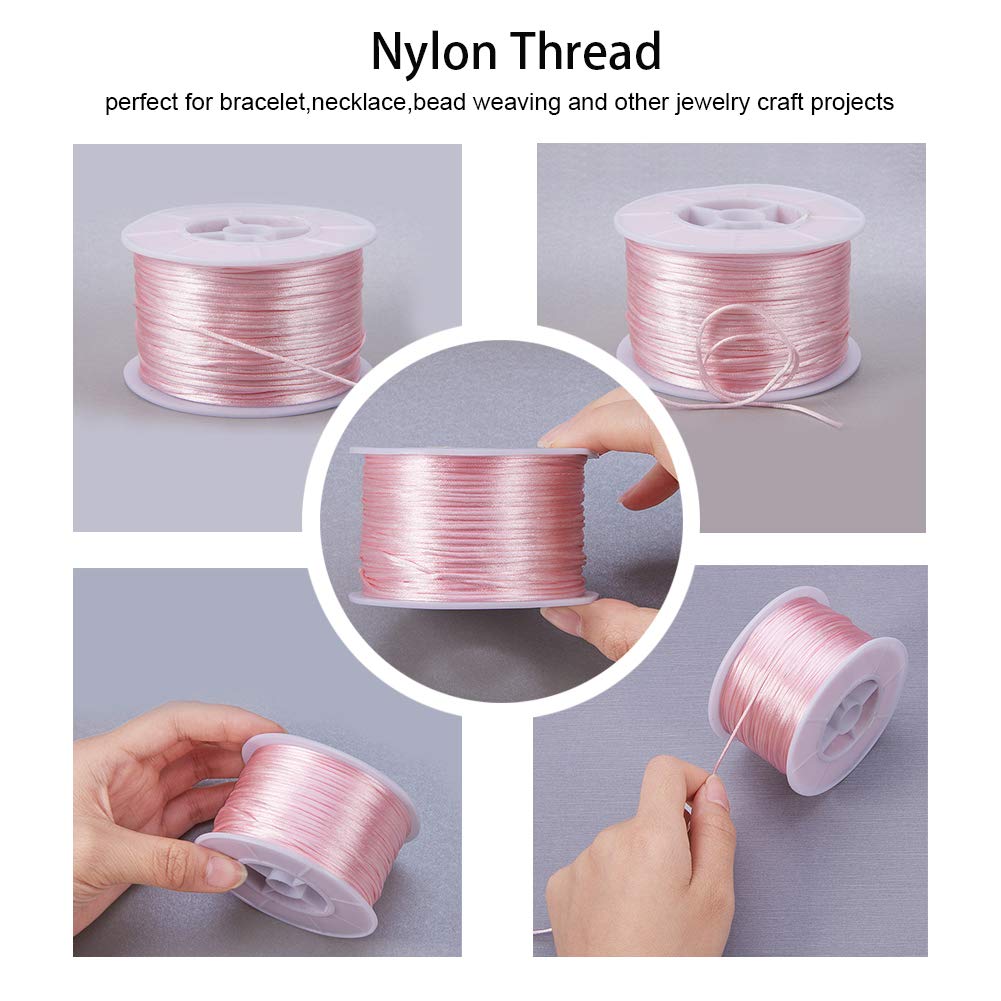 1 Roll JEWELEADER About 100 Yards Rattail Nylon Thread Cord 1mm Shiny Satin Trim Cord Chinese Knotting Beading Cord for DIY Jewellery Making Macrame Kumihimo Shamballa Friendship Bracelets - Pink