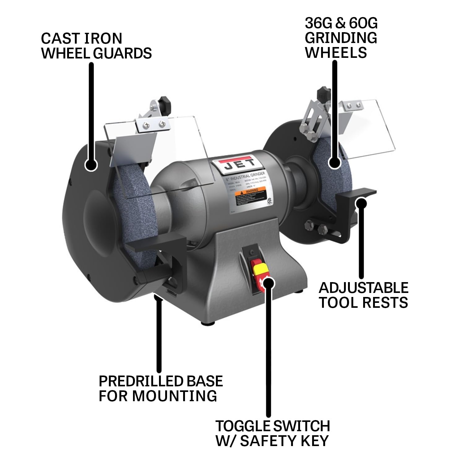 JET 8-Inch Bench Grinder Industrial, 3600 RPM, 1 HP, 115V 1Ph (IBG-8)