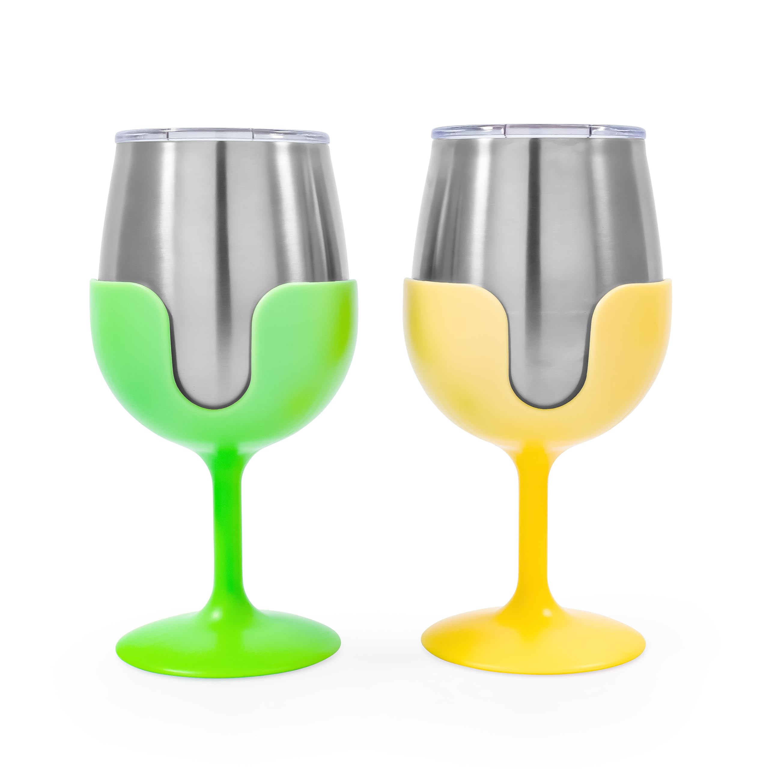 Camco Wine Tumbler Life is Better at The Campsite | Heavy Duty Double Wall Vacuum Insulation | Crafted of 18/8 Stainless Steel | Features Removable Green & Yellow Stems | 2-Pk, 8-oz/Each (51916)