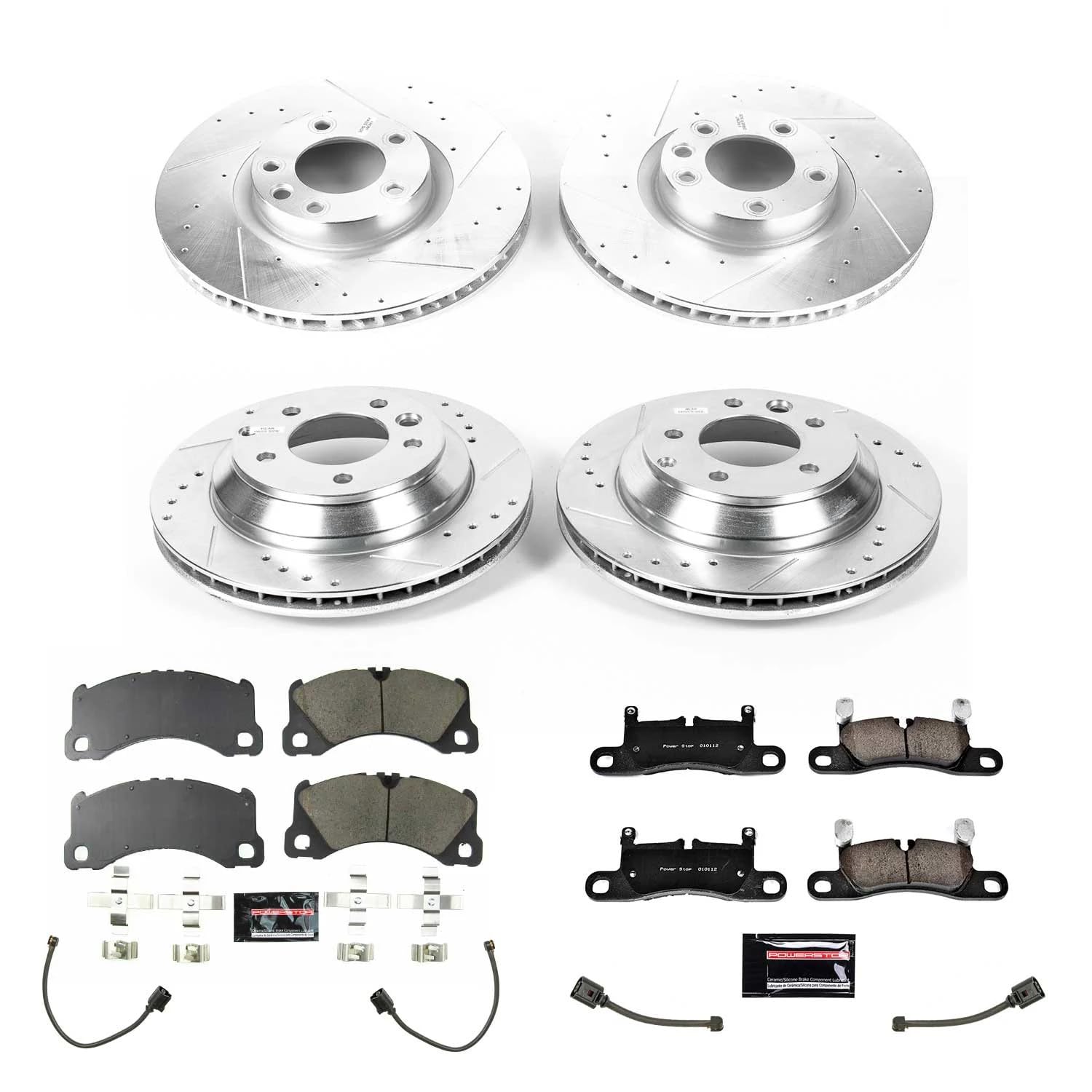 Power Stop K8516, Front and Rear Brake Kit-Drilled/Slotted Brake Rotors & Carbon Ceramic Brake Pads and 2 Front & 2 Rear Sensor Wires