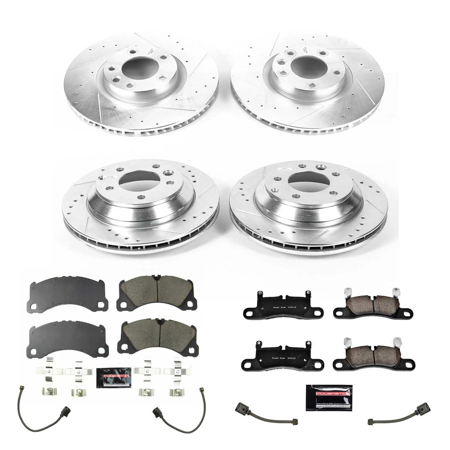 Power Stop K8516, Front and Rear Brake Kit-Drilled/Slotted Brake Rotors & Carbon Ceramic Brake Pads and 2 Front & 2 Rear Sensor Wires