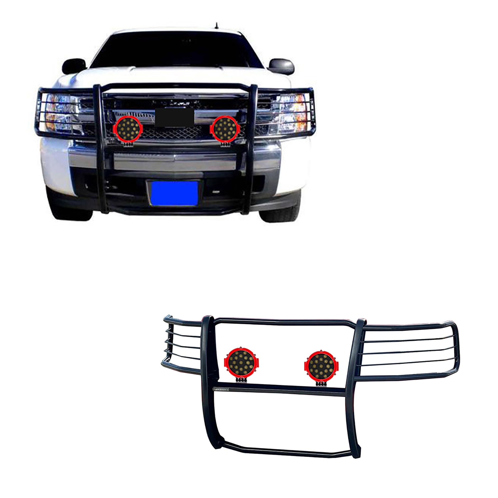 Grille Brush Black Horse Bumper Guard Modular Black Come with Pair of 7.0" LED Lights with Red Trim Rings Compatible with 2007-2013 Avalanche|2007-2014 Suburban 1500|2007-2014 Tahoe-17A037400MA-PLR