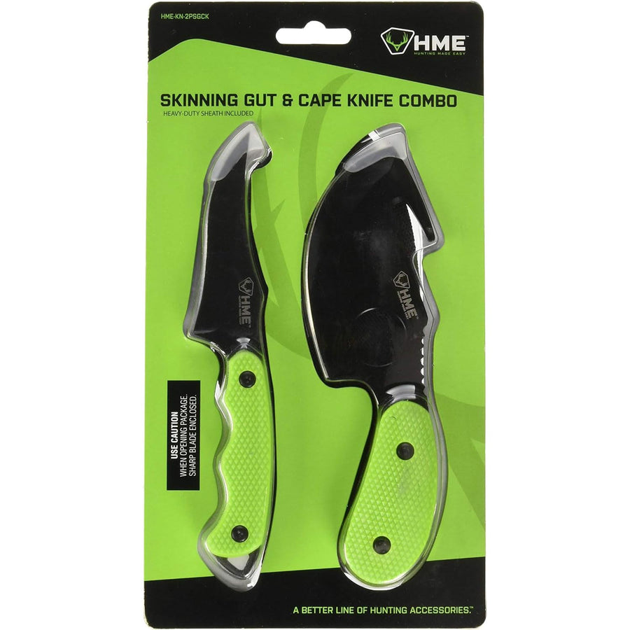 HME Field Skinning 2-Piece Gut/Cape Knife Kit - 3.5" Gut Hook Knife & 3.5" Fixed Blade Knife (420HC Steel) w/Heavy-Duty Sheath