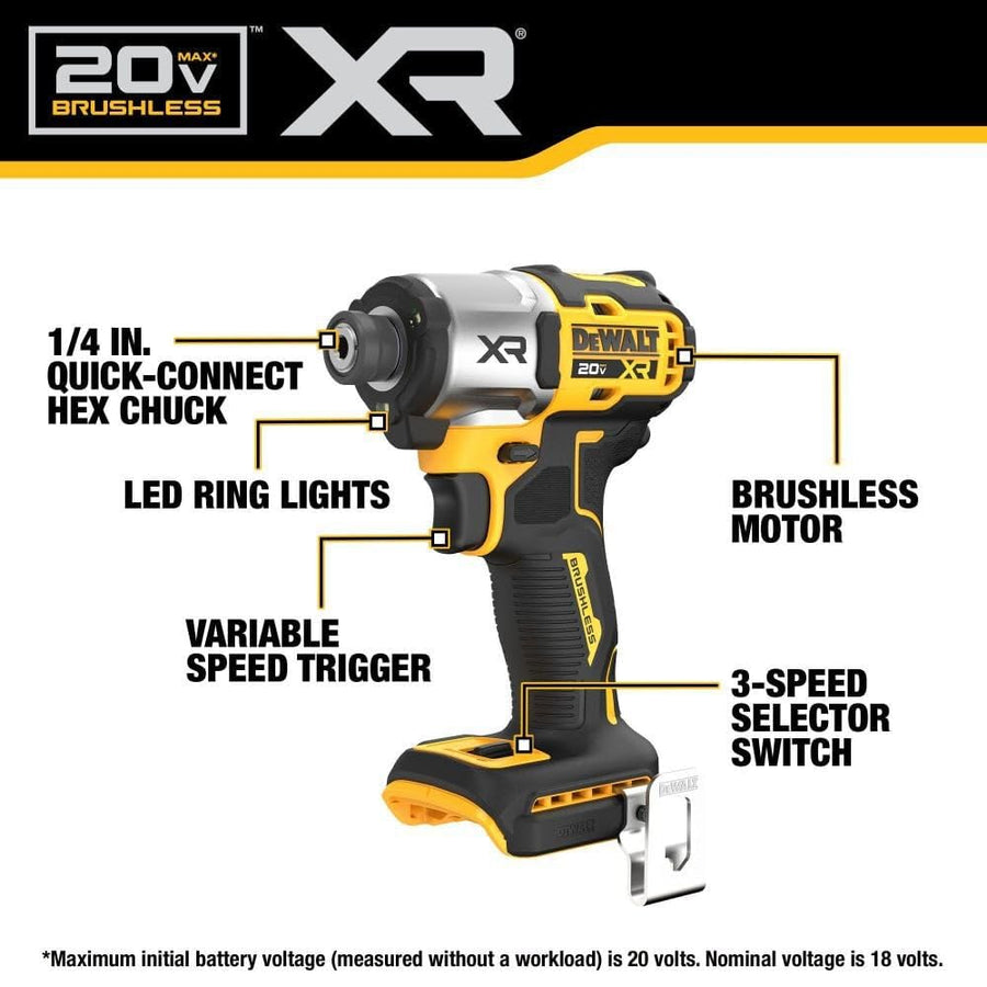 20V MAX XR DEWALT Impact Driver, 1/4 Inch High Torque Brushless 3 Speed Premium Cordless Impact Driver with LED Light, Extended Runtime, Tool Only (DCF845B)