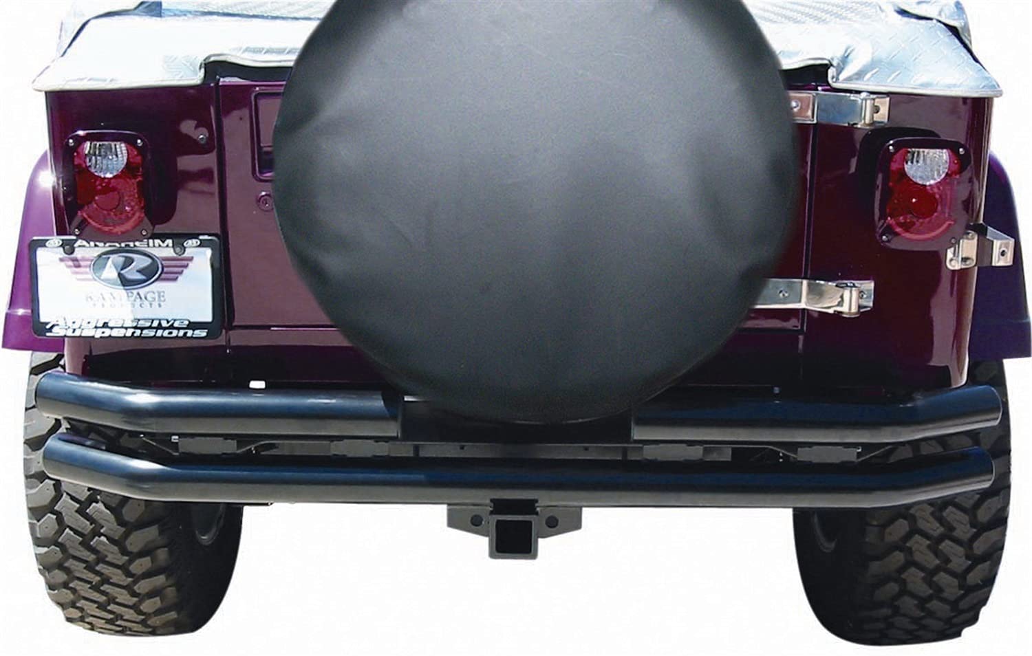 Rampage Products Double Tube Rampage Rear Bumper with Hitch Receiver | Steel, Black | 7648 | Fits 1976 - 2006 Jeep CJ, Wrangler YJ & TJ