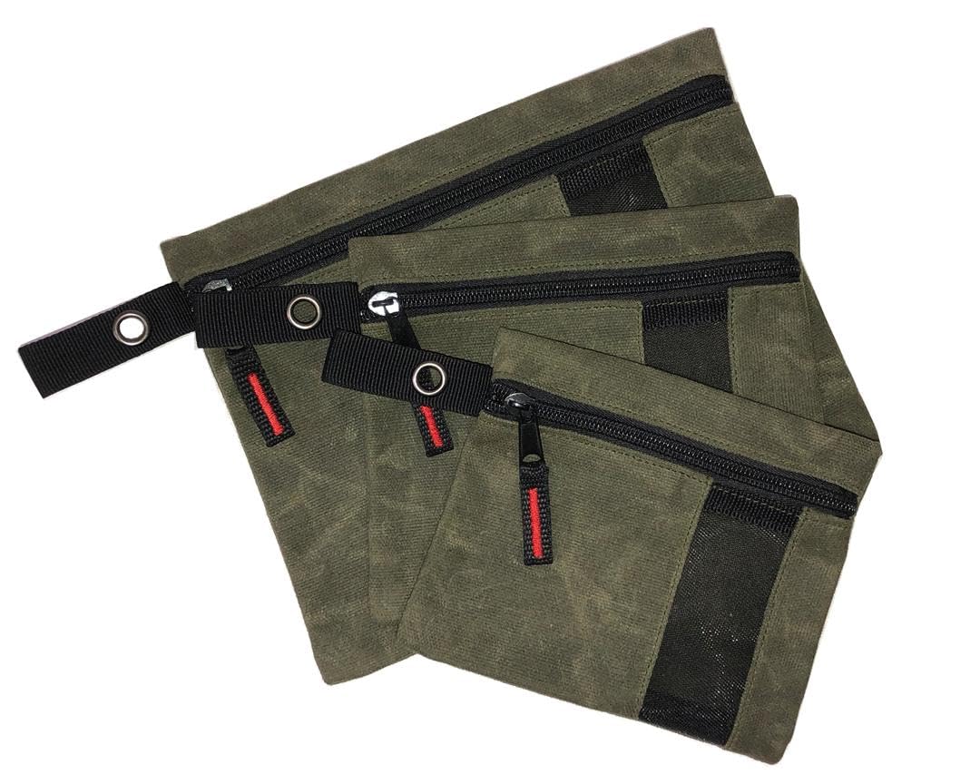Overland Vehicle Systems 3-Bag Small Size Set of Storage Bags with Mesh Windows- #12 Waxed Canvas - Infused with Paraffin Wax Waterproofing - Universal For, Tools, Automotive, and more!