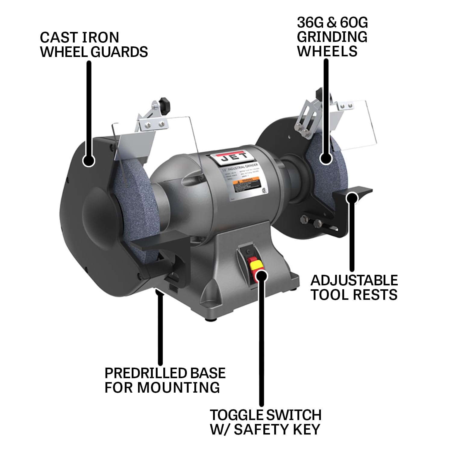 JET 10-Inch Bench Grinder Industrial, 1800 RPM, 1-1/2 HP, 115V 1Ph (Model IBG-10)