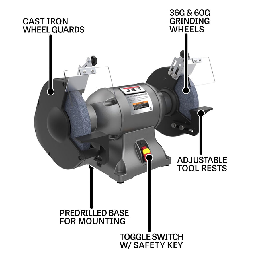 JET 10-Inch Bench Grinder Industrial, 1800 RPM, 1-1/2 HP, 115V 1Ph (Model IBG-10)