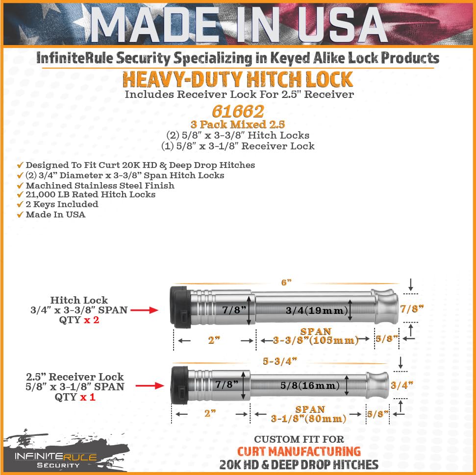 3 Pack Mixed 2.5, Keyed Alike, Hitch Locks for 2" Deep Drop Adjustable CURT Trailer Ball Mount 15K LB Hitch - Includes Lock for 2.5" Receiver