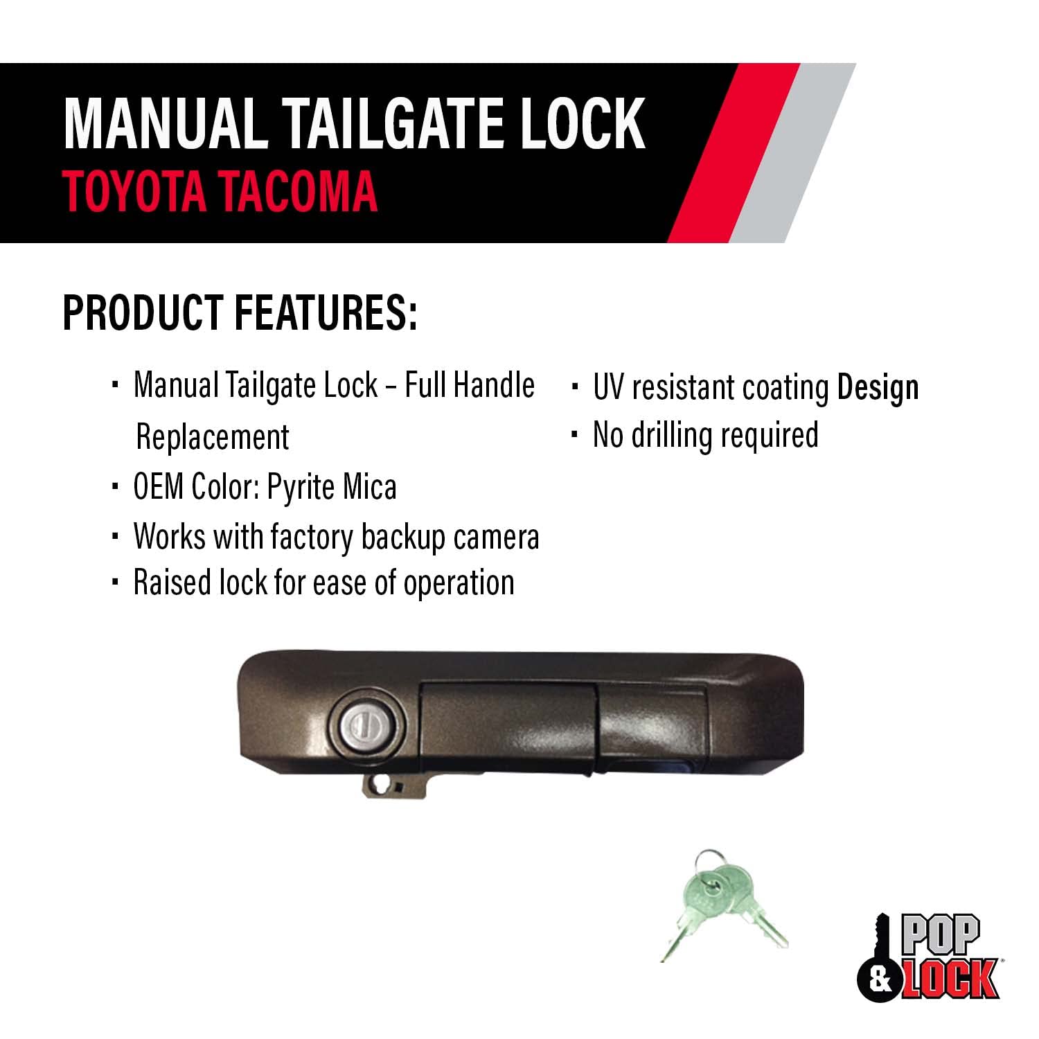 Manual Tailgate Lock – Pop & Lock for Toyota Tacoma, Fits 2005 to 2015 Models (Pyrite Mica, PL5506, Standard Lock)
