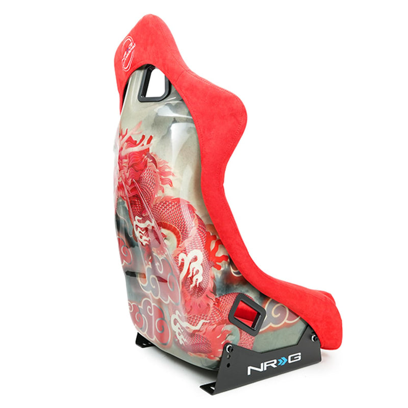 NRG Innovations Universal Fixed Back Bucket Seat NRG-FRP-302RD-DRGN-R, Special Dragon Embroidery Edition Racing Seat, Red Alcantara Seat Cover w/Mount Bracket, Size L