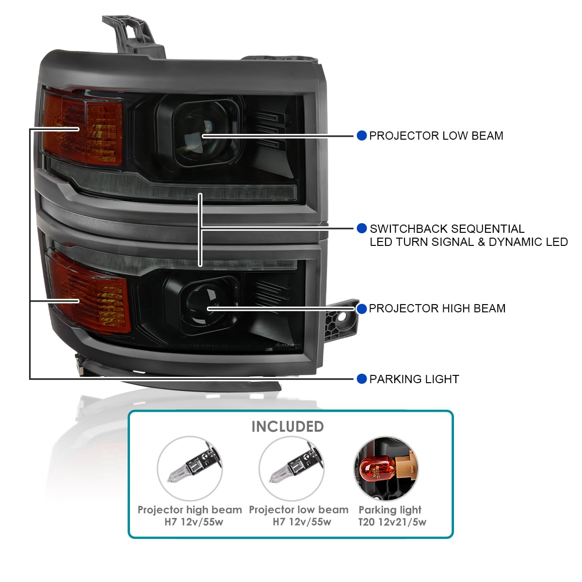 Black Smoke SPEC-D TUNING w/Black Trim Projector Headlights w/Sequential Switchback LED Strip and Startup Animation Compatible with 2014-2015 Chevy Silverado 1500, Left + Right Pair Headlamps