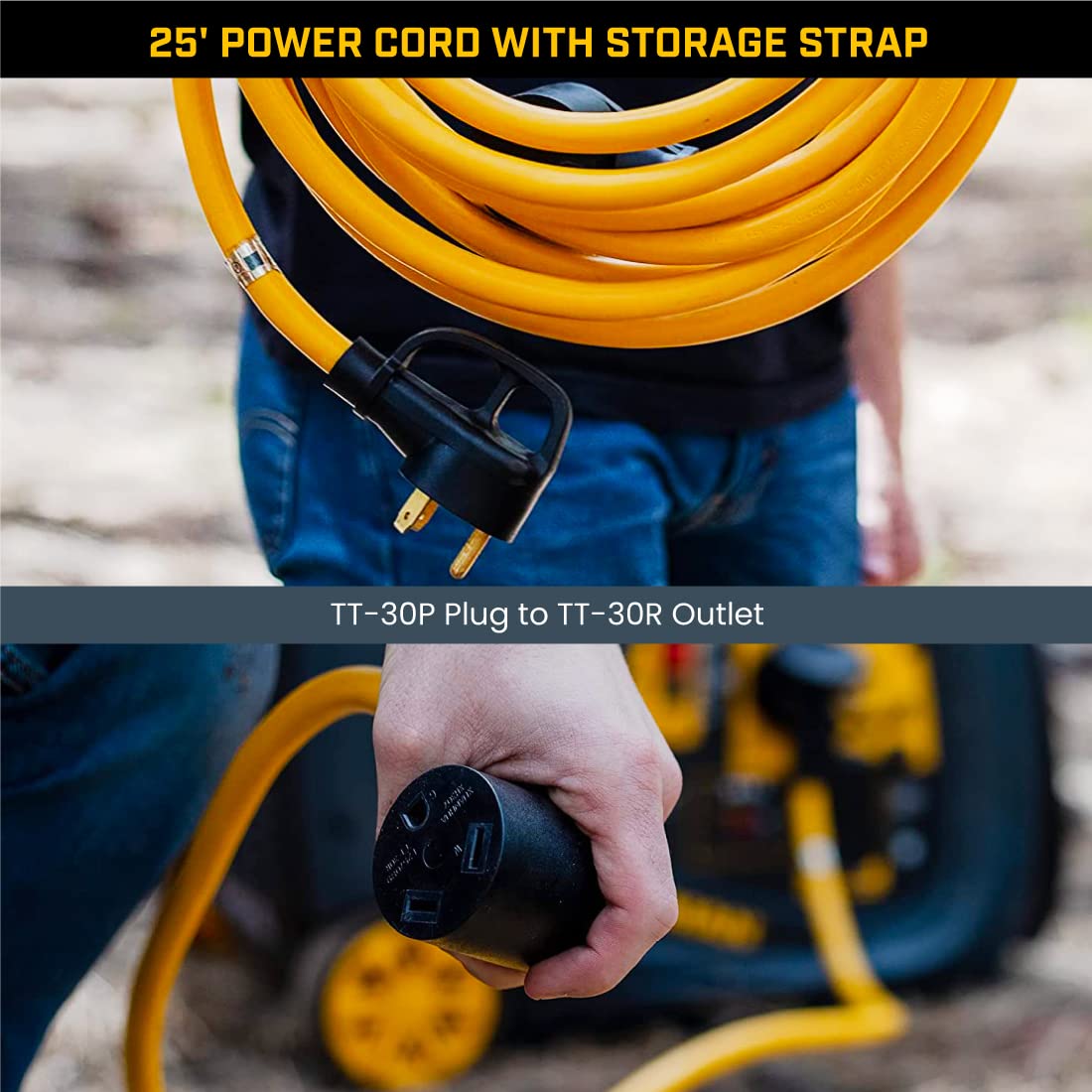 Power Cord Firman with Storage Strap, 10AWG, 30 AMP Wiring, Fully Insulated RV Extension Cord, TT-30P Plug to TT-30R Outlet, Pack of 1, 25 ft.