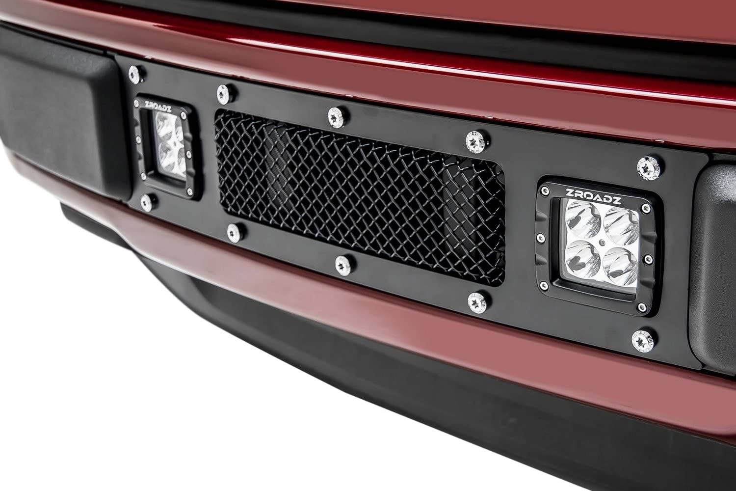 T-Rex Grilles Torch Bumper Grille 2018-2020 F-150 Limited, Lariat, Black, 1 Pc, Replacement, Chrome Studs with (2) 3 Inch LED Cube Lights - PN #6325791